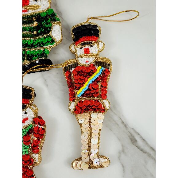 Christmas Ornament Sequins And Beaded Soldiers 4" Handmade 90's Two Sided x6 Vtg - Picture 5 of 13